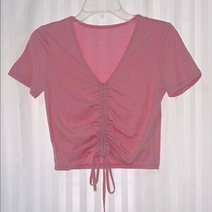 Pink Ruched V-Neck Women's Cropped Top with Adjustable Length